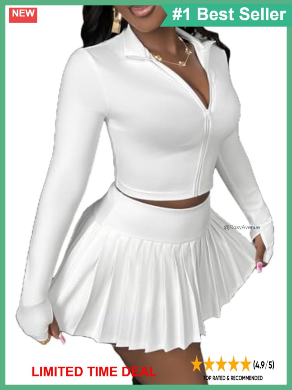 Women's 2 Piece Skirt Set Long Sleeve Zip Crop Top Pleated Mini Skort